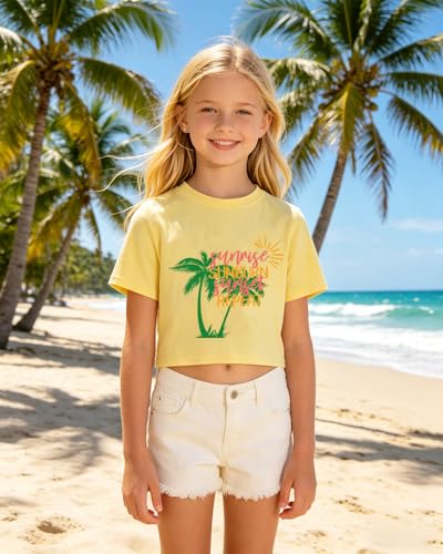 Image of DDSOL Girls Crop Tops Summer Palm Tree Sunset Beach Shirt Hawaii Short Sleeve Tropical Tshirts for Teen Girl 6-14 Years