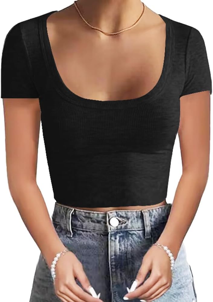 WAYMAKER Women's Casual Short Sleeve Square Neck Summer Tops Ribbed Knit Slim Fit Tee Shirts - Image 3