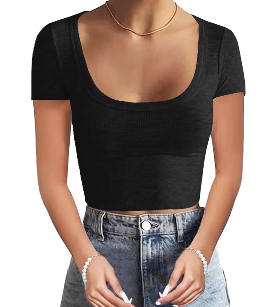 WAYMAKERWomen's Casual Short Sleeve Square Neck Summer Tops Ribbed Knit Slim Fit Tee Shirts