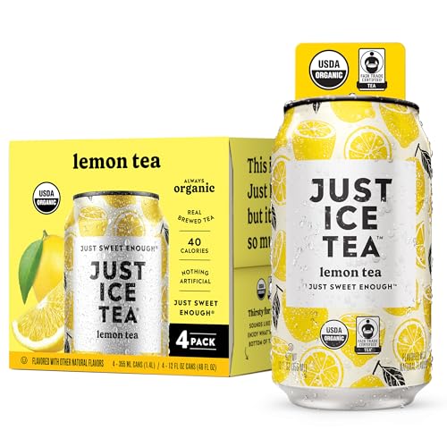 Just Ice Tea, Lemon Flavored Black Iced Tea, 4-Pack (12oz Cans), USDA Certified Organic, Real Brewed, Low Calorie, No Artificial Sweeteners, Fair Trade, Made in USA.