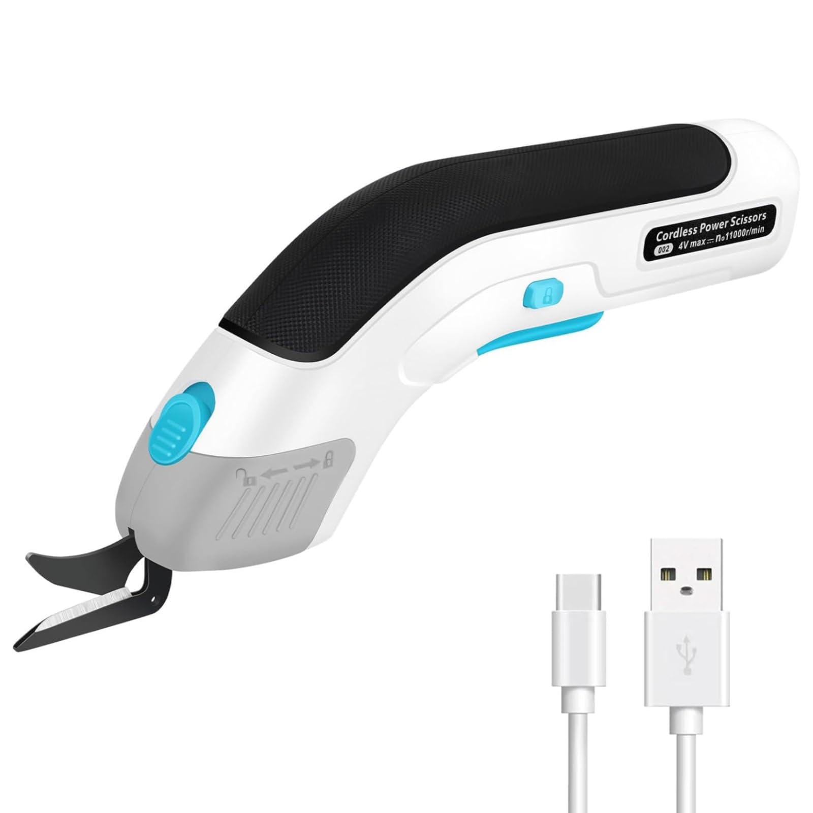 VOBOR Ciseaux Electrique Tissu Couture, Sans Fil USB Rechargeable, Têtes de Coupe en Acier Tungstène, 2000 Mah Lithium Batterie, Cutter pour Papier Carton Moquette Cuir Feutre