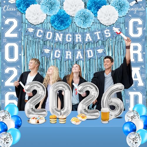 Image of Graduation Party Decorations Class of 2026, Graduation Decorations with Congrats Grad Banner Fringe Foil Curtain Paper Flower Ball Balloon for High School College Graduation Party Supplies, Light Blue