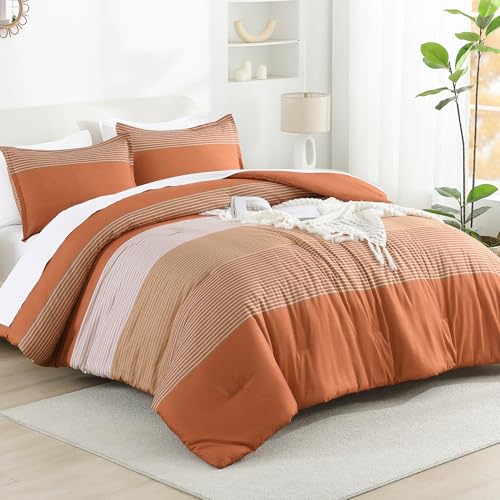 Litanika Pumpkin Comforter Set Twin/Twin XL - 2 Pieces Lightweight Pumpkin White Colorblock Stripe Fluffy Bedding Comforter Sets, All Season Bed Set