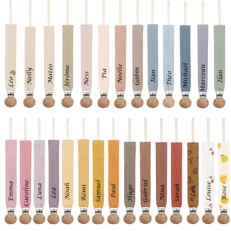 Personalised Pacifier Clip, Organic Cotton Gauze, Wooden Clip, 28 Colours Available