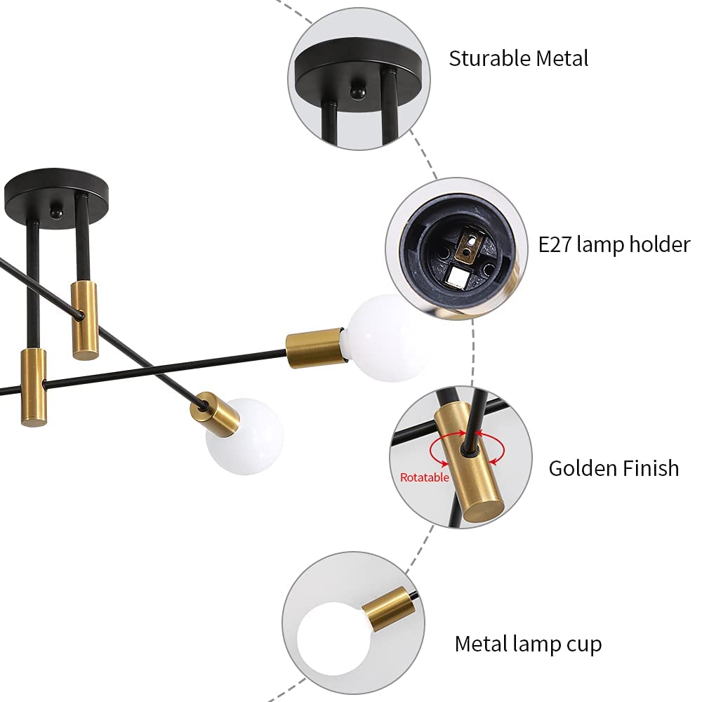 Osairous Lampadario Sputnik, Plafoniera E27 Industriali, Lampadario da Soffitto Vintage Regolabile di 180° per Soggiorno, Camera da Letto, Cucina, Diametro 72cm, Nero