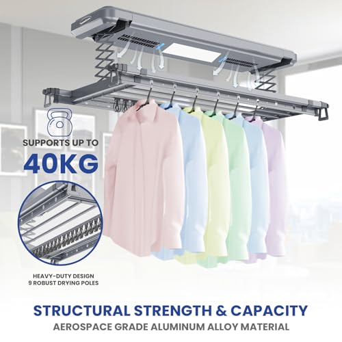 Image of KosmoCare Ultra Ceiling Mounted Electric Clothes Drying Rack|LED & UV Lights|Air & Heater Fans for Faster Drying|Smart Motorized Laundry|Clothes Hanger for Home & Balcony|Remote Control Drying Poles