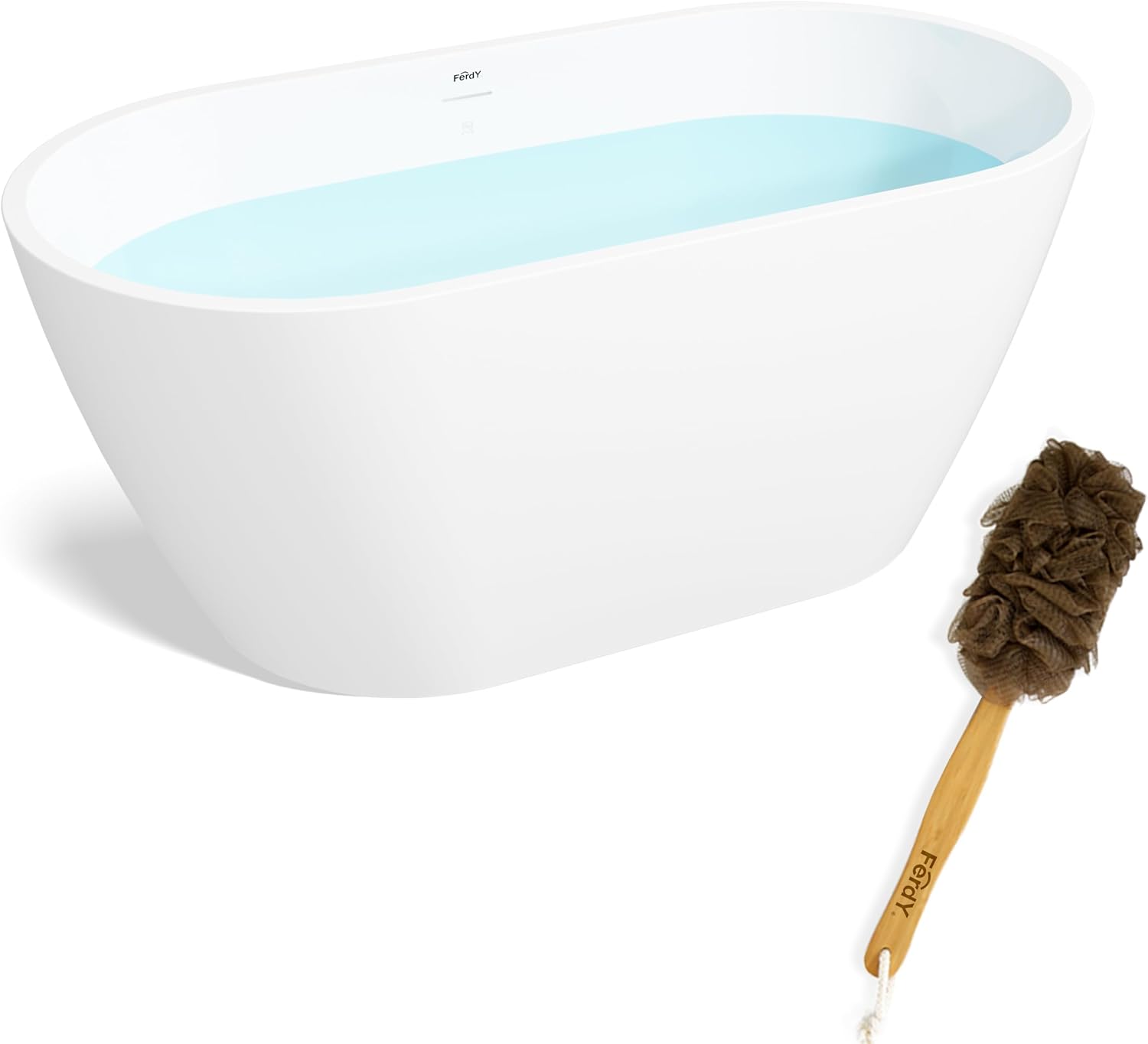 FerdY Nauru 55" Acrylic Freestanding Bathtub, Gracefully Shaped Freestanding Soaking Bathtub, Glossy White cUPC Certified, Toe-Tap Chrome Drain&FerdY Back Scrubber for Shower, Body Brush for Men Women