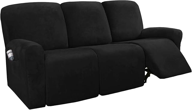 LINFKY 8-Pieces Stretch Velvet Recliner Sofa Cover Reclining Couch Covers for 3 Seater Couch Furniture Covers for Recliner with Side Pocket, Soft Thick Form Fitted (Black)