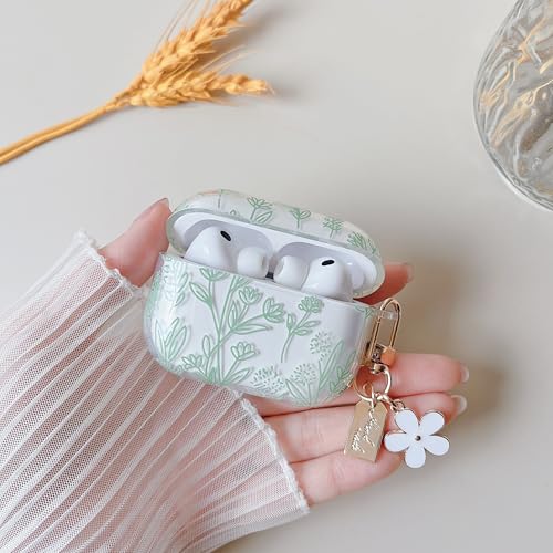 Image of MINSCOSE for AirPods Pro 3rd Generation Case (2025),Cute Flower Floral Aesthetic Design with Floral Keychain with Cleaner Kit for Girls Women for AirPods Pro 3-Green