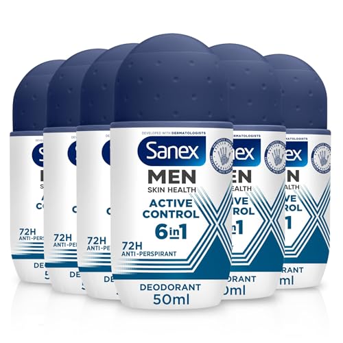 Sanex Men Active Control Antiperspirant Roll-On Deodorant 6x50ml 72 hour sweat protection anti-odour long-lasting dryness freshness gentle on skin antibacterial 0% alcohol*