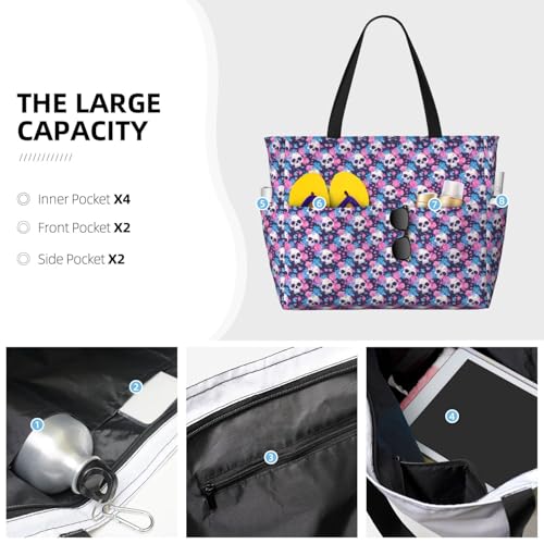 Large Beach Bags Water-resistant Sandproof - Skull flower blue pink Cute Beach Tote Bags for Women with Zipper3
