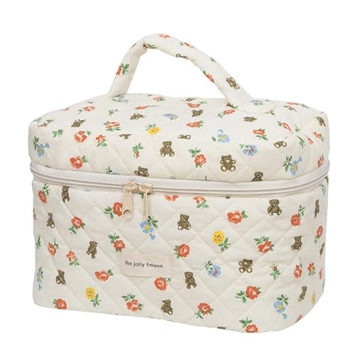 Donloise Kawaii Makeup Bag Cosmetic Case Cute Floral Storage Organizer with Handle Aesthetic Cartoon Zipper Toiletry Bag (Large)