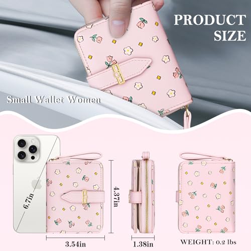 Wallet for Women Cute Rose Small Flower Women's Wallet RFID Credit Card Holder Purse with Exterior Zipper Around Coin Purse (Pink)3