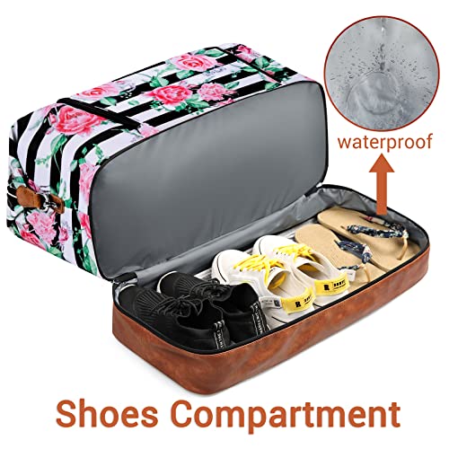 Image of Travel Weekender Bag for Women, Overnight Bag with Shoe Compartment Oversized Travel Duffel Bag Carry On Tote 21 inch, M-Flower Black & White Strips, Large, Weekender Bag