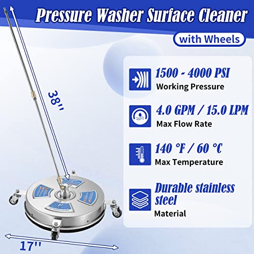 Image of M MINGLE 17'' Pressure Washer Surface Cleaner for Patios and Sidewalks | Driveway Pressure Washer Attachments with 2 Power Washer Replacement Wands, 1 /4 inch Quick Connect, 4000 PSI