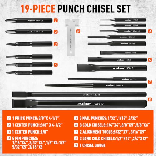 Image of 19-Piece Punch and Chisel Set, Pin Punches, Center Punch, Alignment Tools | Long Cold Chisels, Nail Punches, Chisel Gauge, CR-V Steel Construction, Rolling Pouch for Woodworking and Metalworking