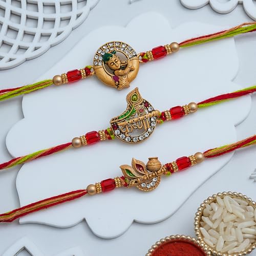 Image of eCraftIndia Little Krishna Dahi Handi Flute Peacock Feather Designer Rakhi Set of 3 | Rakhi for Brother Bhaiya Bhai with Best Bro Ever Fridge Magnet | Roli Chawal Pack