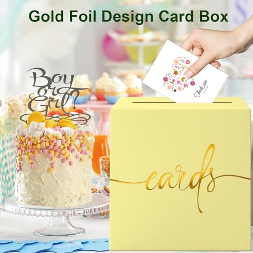 Image of Light Yellow Card Box with Gold Foil Design, Paperboard 8.7 inch Card Box for Birthday Wedding Party Graduation Retirement Anniversary Valentine's Day & Baby Showers, Raffle or Money Box