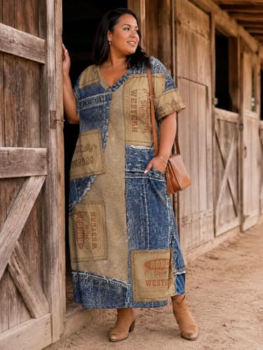 Image of SUZONANA Plus Size Denim Print Maxi Dresses for Women Casual V Neck Short Sleeve with Pockets Soft Jean Look Dress XL-6XL