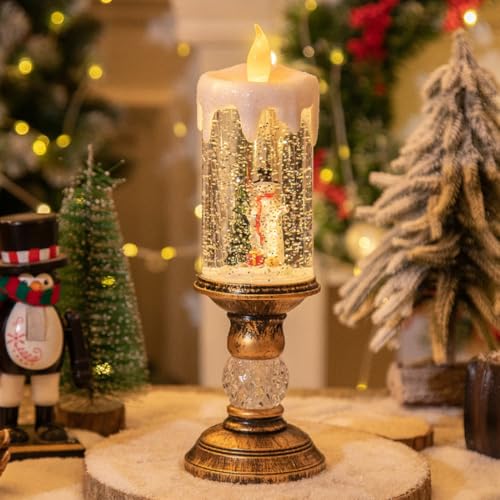 Image of Christmas LED Flameless Candle Snow Globe Glittering Snow Globe, Candle Lantern Thanksgiving Holiday Decoration for Home (Snowman Candle)