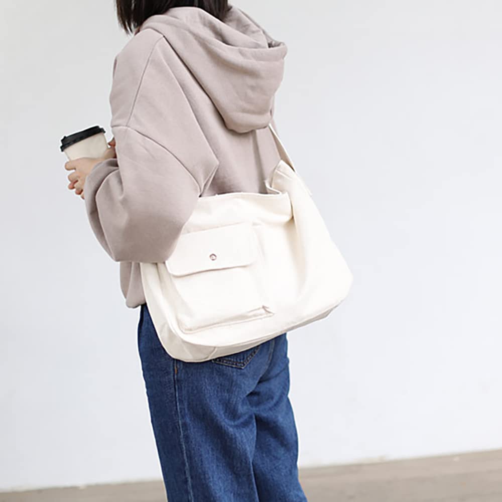 Bolso bandolera de lona para mujer de gran capacidad con bolsillo exterior, bolsos de hombro para mujeres y niñas, bolsos casuales sólidos, Blanco