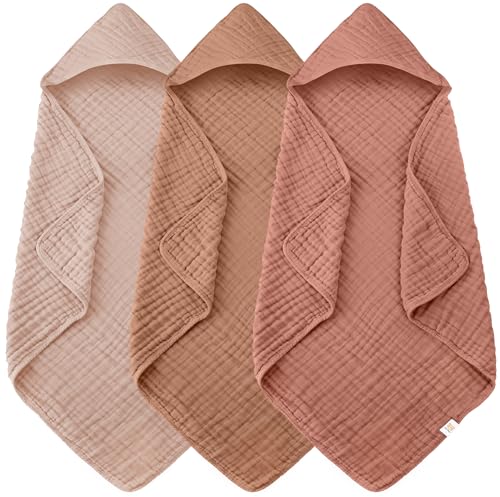 Image of Ease Cubs 3-Pack Muslin Hooded Baby Towels, 100% Cotton, Ultra-Soft & Absorbent Baby Bath Towels with Hood for Babies, Infant, Toddler and Newbron (Bean Paste Series,32 inch x 32 inch)
