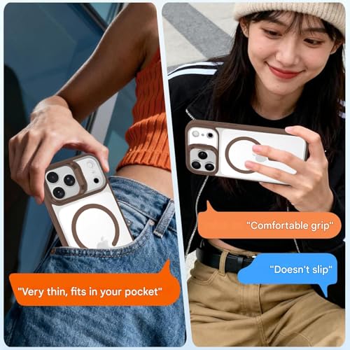Image of VONZEE Clear Camera Kickstand Case for iPhone 17 Pro Max, Built-in Adjustable Camera Stand, Clear Magnetic Mag-Safe Shockproof Classic Series Phone Cover (Brown)