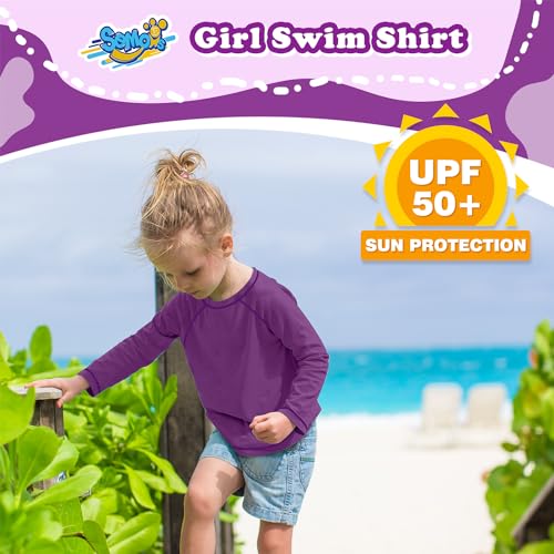 Girls Swim Shirts Purple Long Sleeve Rash Guard Sun Protection UPF 50 T Shirts Rashguard Swimwear Fishing Water Shirts Quick Dry Cool Beach Clothes for Toddler 7-8Y2