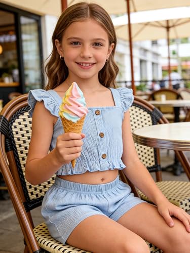 Image of Girl's Summer Clothing Sets Knit Ruffle Striped T-Shirt and Shorts 2 Piece Outfits