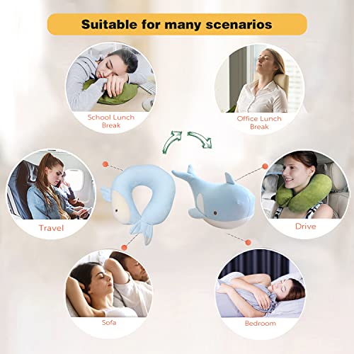 Image of Kids Travel Pillow - 2-in-1 Deformable Kids Neck Pillow for Traveling, Soft U-Shaped Pillow with Adorable Animal Design, Comfy Sleep and Play, Ideal for Airplanes and Cars - Blue Whale