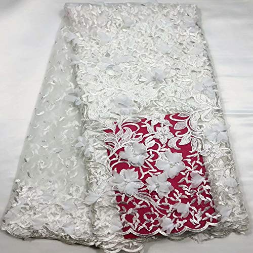 Lace Fabric Beaded Lace Fabric 2020 Fashion French Net Lace Fabric 3D Flower Tulle Mesh Lace Fabric African Lace Fabric Mv515 (Color : White, Size : 5 Yards)