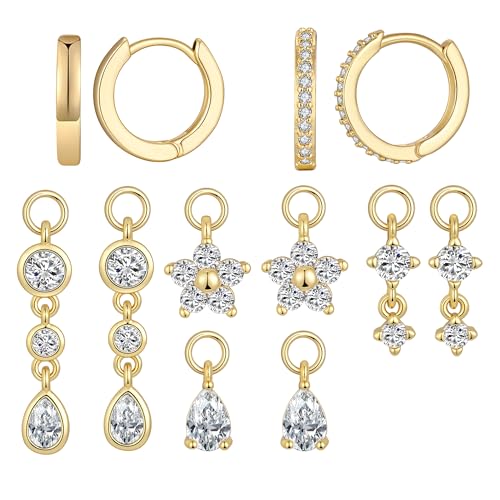 14K Gold Plated Huggie Earrings and Charm Set for Women |Mix and Match Earring Pack with Cubic Zirconia Star Heart Flower Bow Small Hoop Earrings with Charms