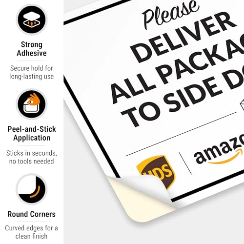 Image of Package Delivery Sign, Delivery Instructions Deliver All Package to Side Door Sign, 10x7 Inches, 4 Mil Vinyl Decal Stickers Weather Resistant, Made in USA