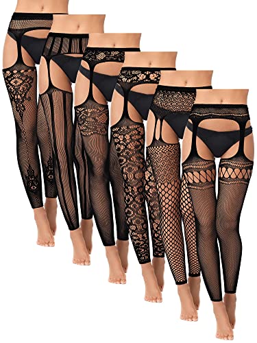 6 Pairs Fishnet Stockings for Women Footless Tights High Waist Suspender Pantyhose Garter Belt Leggings for Halloween(Stripe)