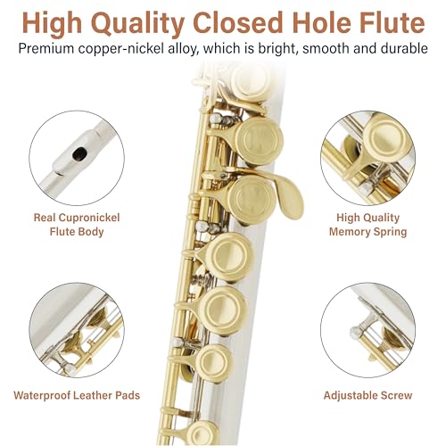 Image of Mendini by Cecilio 16 Keys Closed Hole C Flute Kit for Beginners - Gold | Beginner Flute Kit with Carrying Case, Stand, Tuning Rod, Adjustment Screws, Cork Grease, Lesson Book, Cleaning Kit, Gloves