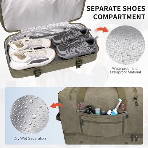 WITZMAN Canvas Weekender Bag Mens Overnight Bag for Traveling Carry on Duffle Bags with Shoes Compartment(A8010 Army Green)4