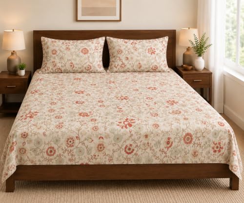 Image of Trance Home Linen 100% Cotton Bedsheet | King Size Printed Flat Bedsheet with 2 Pillow Covers (King 108x108 inch, Kalamkari Rust)