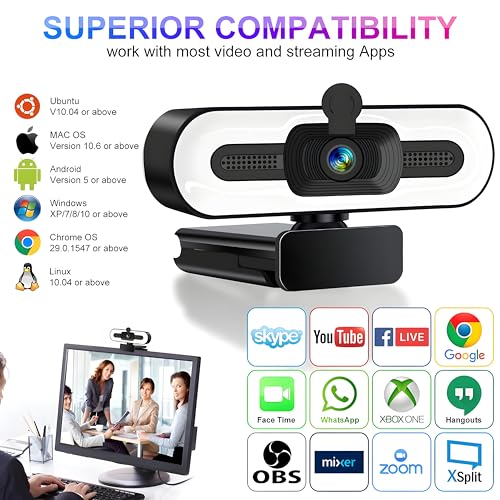 Image of Webcam Full HD 1080p with Built-in Microphone and 3 Colour LED Light, XVersion USB Plug & Play Web camera for PC /Laptop /Streaming /Meetings / 360 Degree Rotation, 1 Year Manufacturer Warranty - Black