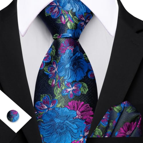Image of Barry.Wang Flower Ties for Men Silk Woven Floral Tie Sets Necktie Handkerchief Cufflinks Wedding Party