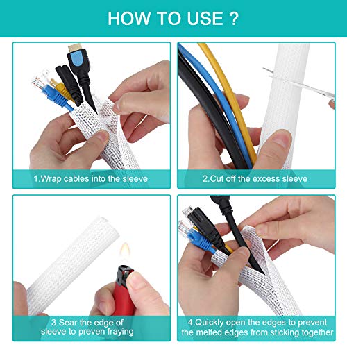 Image of White Cable Sleeve, Cable Organizer for Desk PC TV Computer, Wire Protector Cable Wrap Cover, Cord Management for Home Office, 6.6ft - 2 /3 inch