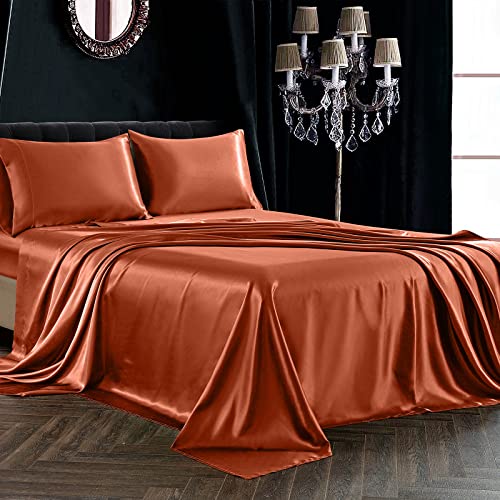 Siinvdabzx 4Pcs Satin Sheet Set Queen Size Ultra Silky Soft Autumn Orange Satin Queen Bed Sheets With Deep Pocket, 1 Fitted Sheet, 1 Flat Sheet, 2 Envelope Closure Pillowcases #TOP1