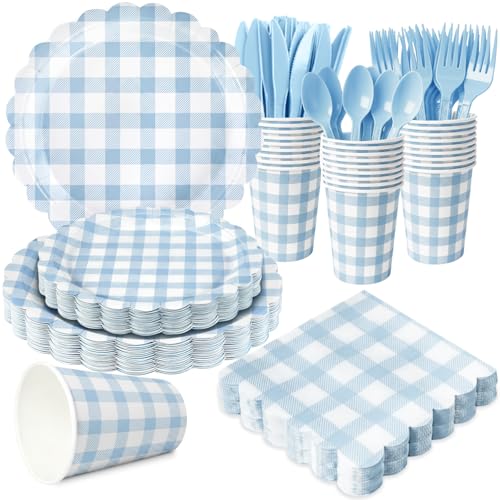 175 PCS Blue Gingham Party Supplies Includes Light Blue Gingham Paper Plates Cups Napkins Cutlery for Wedding Bridal Shower Birthday Baby Shower Party Decorations Serves 25
