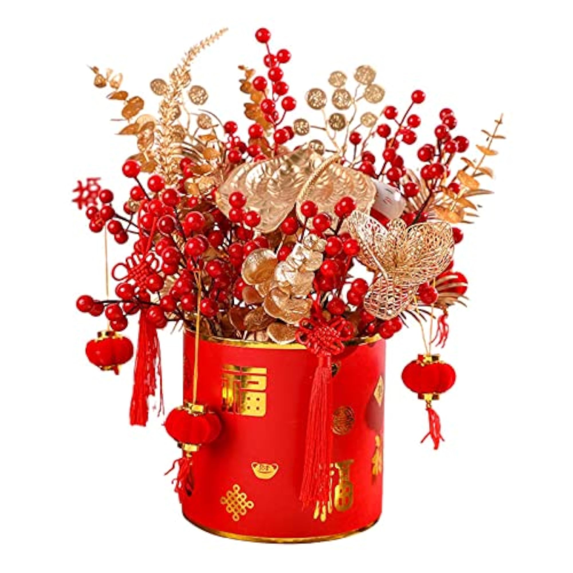 Simulation Red Berries Flowerpot Feng Shui Decoration Set