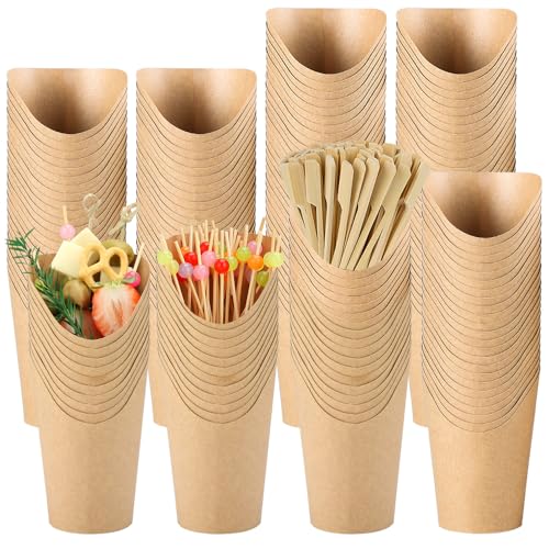 Teemumu 12 oz Charcuterie Cups with Sticks, 100pcs Charcuterie Cups Disposable French Fries Cup, Brown Kraft Paper Appetizer Cup with 200pcs Cocktail Picks for Snack, Dessert or all Occasions (Brown)