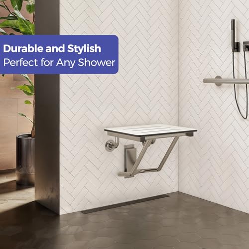 Stardrix 18" x 16" ADA Compliant Phenolic White Folding Shower Seat Bench, Wall Mount Foldable Bathroom Shower Chair with Stainless Steel Support, 400 lbs Capacity - Thumbnail 3
