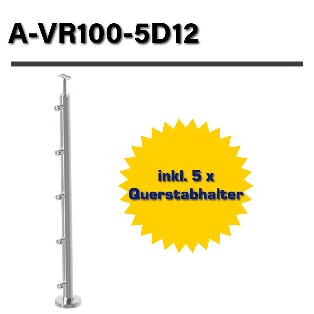 Edelstahl Geländerpfosten Ø42,4 Bauhöhe 1000mm mit Querstabhalter Ø12,0 Geländer V2A geschliffen K320 Geländer Balkon Boden Pfostenrohr Rundrohr Treppen Terrasse Abdeckrosette aufgesetzt Rohr