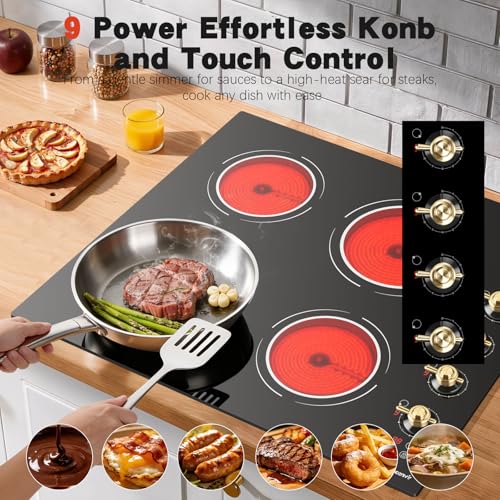 Image of 24 Inch Electric Cooktop - 4 Burner Drop-in(22.05 inchx19.3 inch) Ceramic Stove Top 6000W, 220V Electric Stove, 9 Power Level, Pause, Safety Lock, Touch & Knob Control, 240V Hard Wired (No Plug)