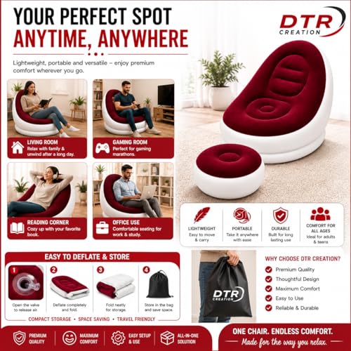 Image of Inflatable Lounge Chair for Adults with Ottoman, Foldable Air Sofa Couch, Portable Blow Up Chair for Living Room Bedroom, Comfortable Indoor Seating, 150 kg Capacity (Maroon)