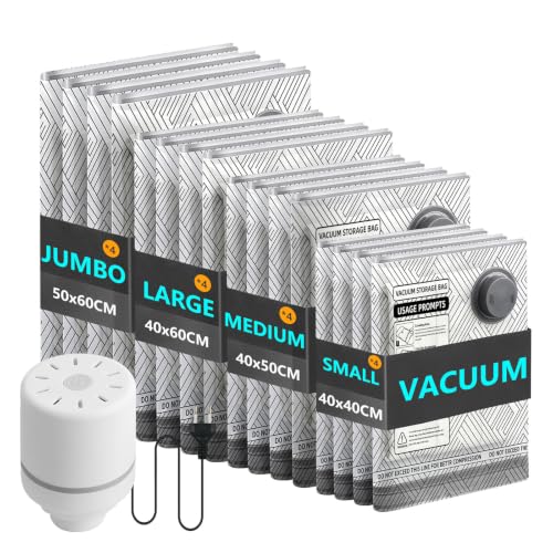 16 Stück Vakuumbeutel für Kleidung mit Kabelpumpe – 4 Größen Vakuumierbeutel Kleidung (40x40, 40x50, 40x60, 50x60 cm) – Platzsparende Vacuum Bags for Clothing für Reise & Kofferorganisation