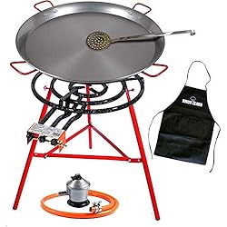 Paellera Acero Inoxidable 70 Cm Bricolemar Pack Paellero 70cm con Paellera de 90cm + Regulador y Manguera de Butano Homologada + Soporte Reforzado + Espumadera y Delantal Regalo!